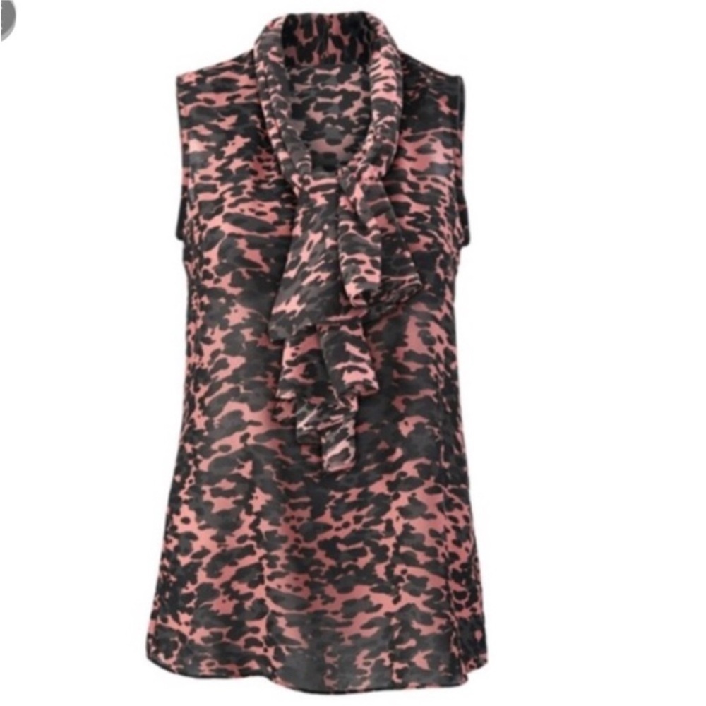 CAbi Pink and Black Sleeveless Ruffle Blouse
